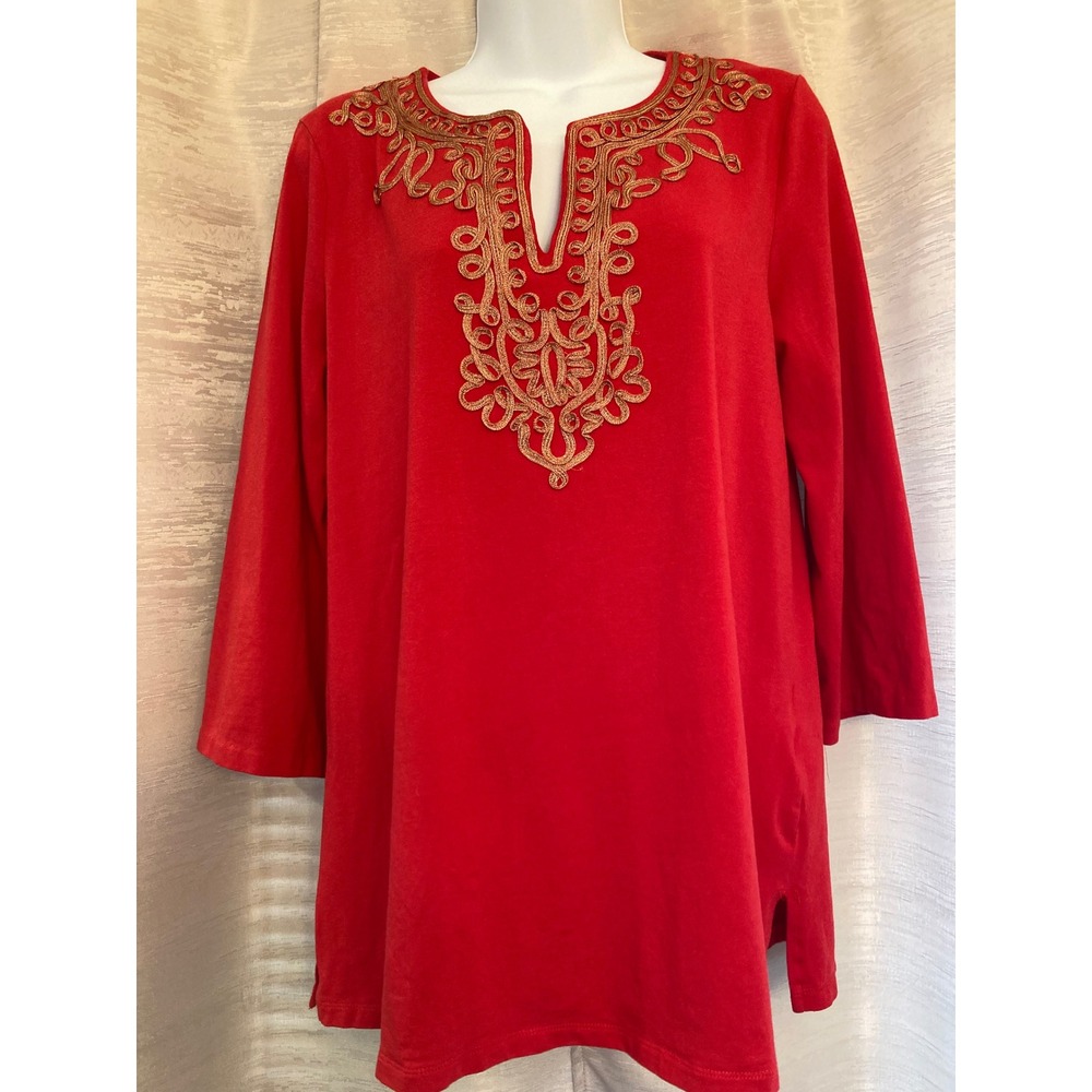 Jones New York Signature Red Tunic Top Gold Embroidered Detail L/G
